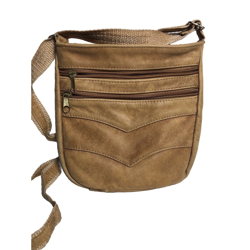 Vtg 90s Suede Crossbody Bag Brown Multi Zip Adjustable Strap Purse DAMAGED